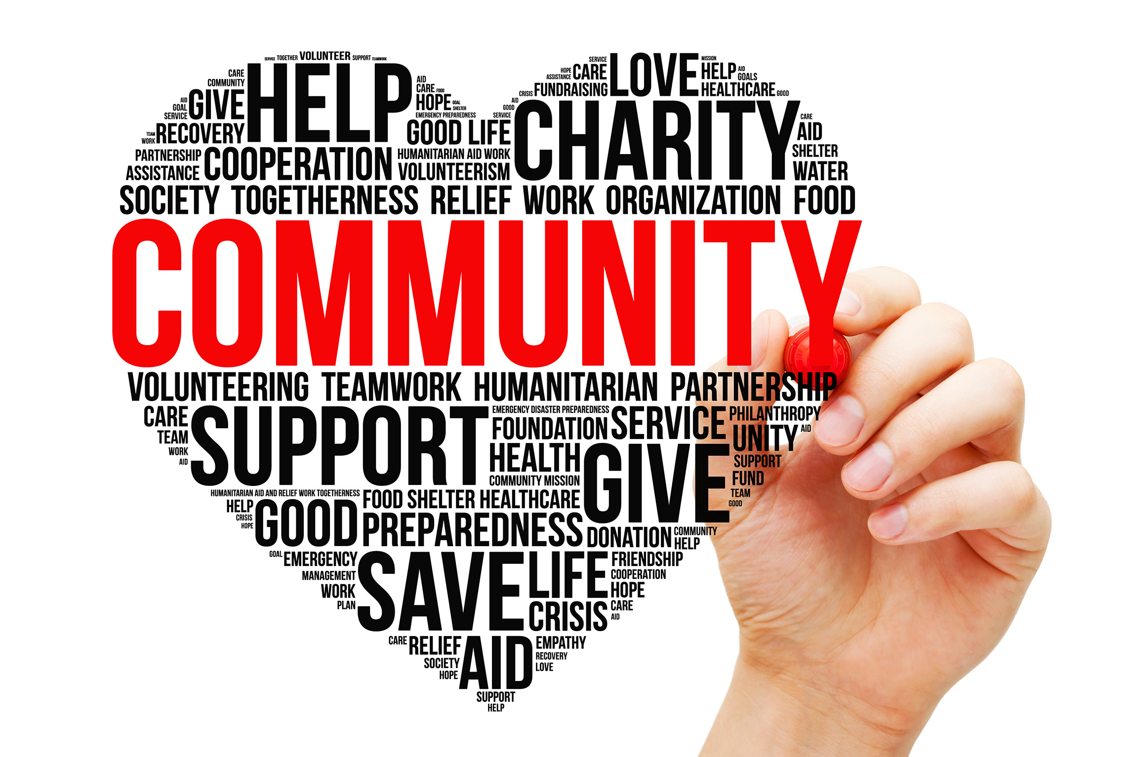 many words shaped as a heart and centered around "Community"