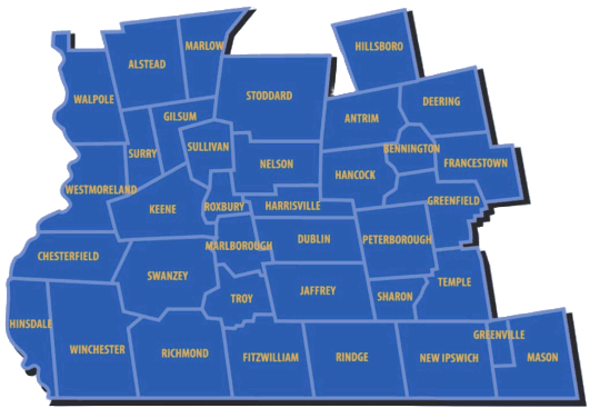 map showing the 35 towns in southwestern new hampshire that are served by MUW
