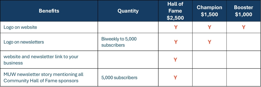 table showing benefits of various community sponsorship levels