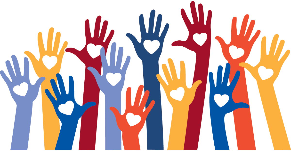 group of raised hands with heart imprinted in each hand