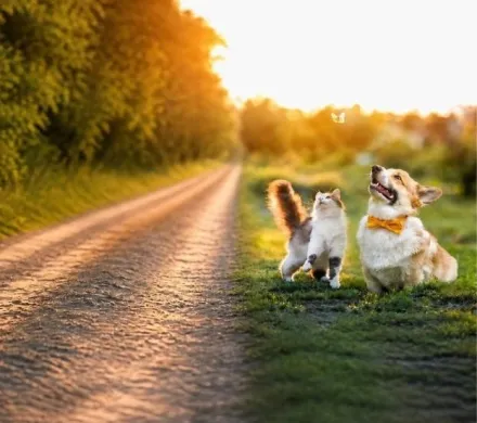 two dogs beside a gravel road, looking up at the sky, excitedly